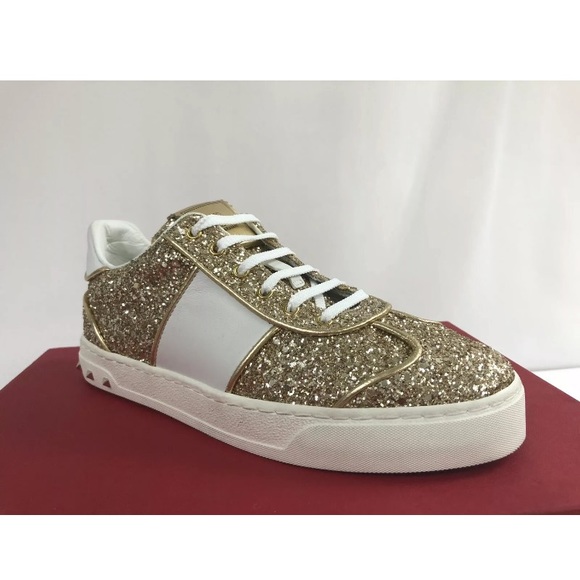 Valentino Rockstud Fly Crew Gold Glitter Sneakers - Picture 12 of 13